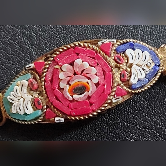 One Of A Kind Antique Art Glass Micro Mosaic Bracelet With Linked Floral Scenes - Picture 2 of 4
